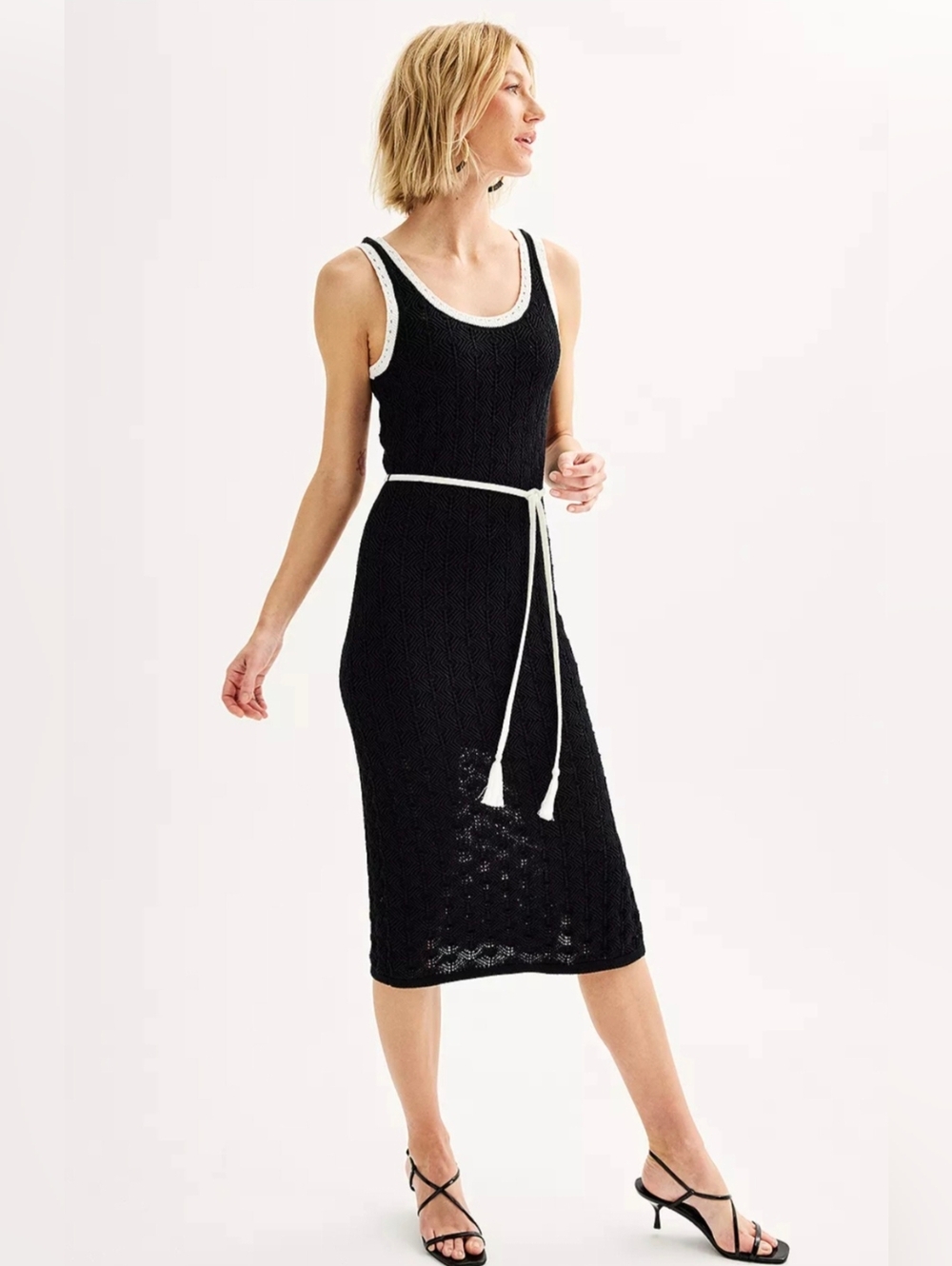Nine West Black & Cream Crochet Knit Maxi Dress Coastal Chic Boho – Size XS